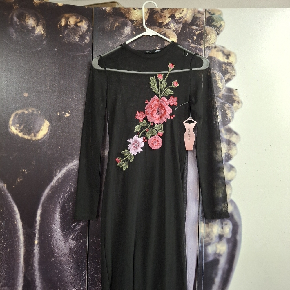 Haute Mode black, size S,  long cocktail dress. Applique flowers front of dress